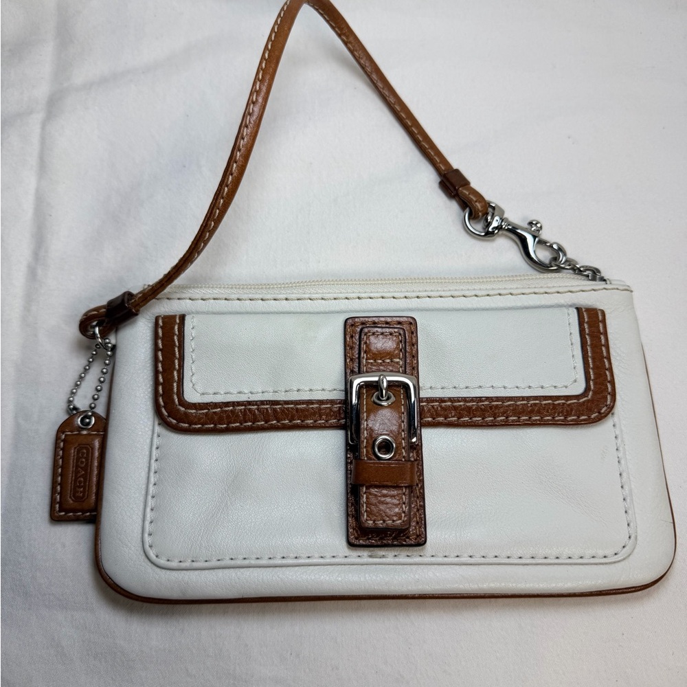 Coach Cream and Tan Leather Wristlet